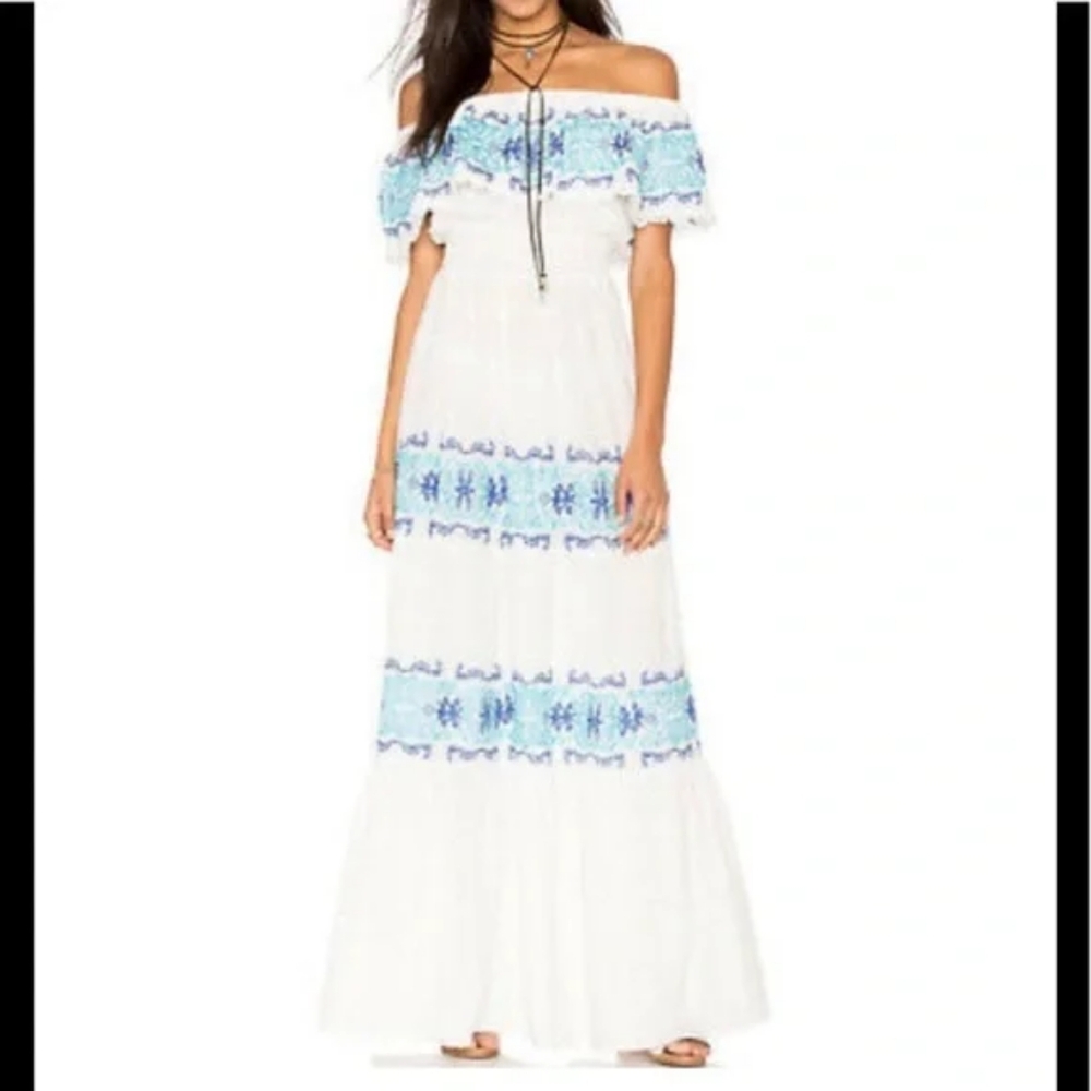 Catherine Malandrino Fiesta Embroidered White&Blue Off-Shoulder Dress. Size L